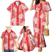 Hawaii Kakau Tribal Family Matching Mermaid Dress and Hawaiian Shirt With Red Tiare