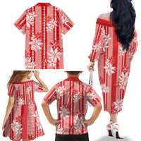 Hawaii Kakau Tribal Family Matching Off The Shoulder Long Sleeve Dress and Hawaiian Shirt With Red Tiare