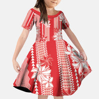 Hawaii Kakau Tribal Kid Short Sleeve Dress With Red Tiare