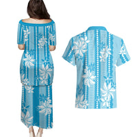 Hawaii Kakau Tribal Couples Matching Puletasi and Hawaiian Shirt With Blue Tiare