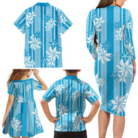 Hawaii Kakau Tribal Family Matching Long Sleeve Bodycon Dress and Hawaiian Shirt With Blue Tiare