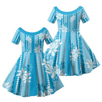 Hawaii Kakau Tribal Family Matching Mermaid Dress and Hawaiian Shirt With Blue Tiare LT05 Daughter's Dress Blue - Polynesian Pride