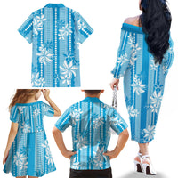 Hawaii Kakau Tribal Family Matching Off The Shoulder Long Sleeve Dress and Hawaiian Shirt With Blue Tiare