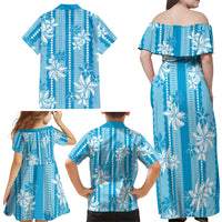 Hawaii Kakau Tribal Family Matching Off Shoulder Maxi Dress and Hawaiian Shirt With Blue Tiare