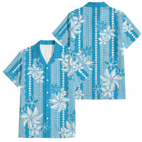 Hawaii Kakau Tribal Family Matching Off Shoulder Maxi Dress and Hawaiian Shirt With Blue Tiare LT05 Dad's Shirt - Short Sleeve Blue - Polynesian Pride