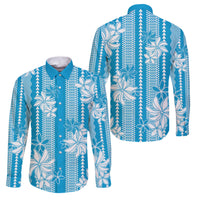 Hawaii Kakau Tribal Family Matching Off Shoulder Maxi Dress and Hawaiian Shirt With Blue Tiare LT05 Dad's Shirt - Long Sleeve Blue - Polynesian Pride
