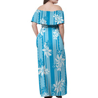 Hawaii Kakau Tribal Family Matching Off Shoulder Maxi Dress and Hawaiian Shirt With Blue Tiare