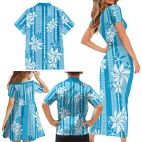 Hawaii Kakau Tribal Family Matching Short Sleeve Bodycon Dress and Hawaiian Shirt With Blue Tiare