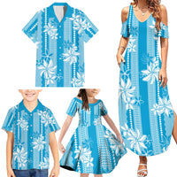 Hawaii Kakau Tribal Family Matching Summer Maxi Dress and Hawaiian Shirt With Blue Tiare
