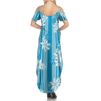 Hawaii Kakau Tribal Family Matching Summer Maxi Dress and Hawaiian Shirt With Blue Tiare