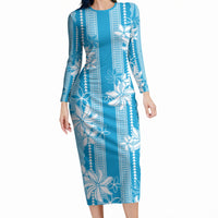 Hawaii Kakau Tribal Long Sleeve Bodycon Dress With Blue Tiare LT05 Long Dress Blue - Polynesian Pride