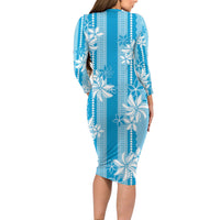 Hawaii Kakau Tribal Long Sleeve Bodycon Dress With Blue Tiare