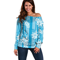 Hawaii Kakau Tribal Off Shoulder Sweater With Blue Tiare
