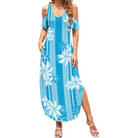 Hawaii Kakau Tribal Summer Maxi Dress With Blue Tiare