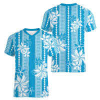 Hawaii Kakau Tribal Women V-Neck T-Shirt With Blue Tiare