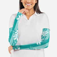 Hawaii Kakau Tribal Arm Sleeves With Teal Tiare