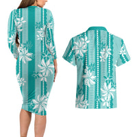 Hawaii Kakau Tribal Couples Matching Long Sleeve Bodycon Dress and Hawaiian Shirt With Teal Tiare
