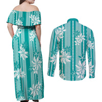 Hawaii Kakau Tribal Couples Matching Off Shoulder Maxi Dress and Long Sleeve Button Shirt With Teal Tiare