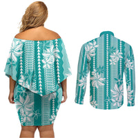 Hawaii Kakau Tribal Couples Matching Off Shoulder Short Dress and Long Sleeve Button Shirt With Teal Tiare