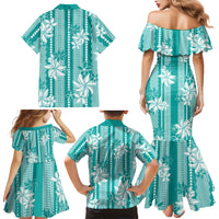 Hawaii Kakau Tribal Family Matching Mermaid Dress and Hawaiian Shirt With Teal Tiare