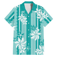 Hawaii Kakau Tribal Family Matching Off Shoulder Short Dress and Hawaiian Shirt With Teal Tiare