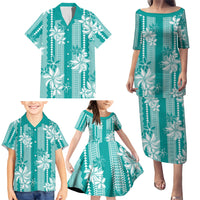 Hawaii Kakau Tribal Family Matching Puletasi and Hawaiian Shirt With Teal Tiare