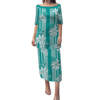Hawaii Kakau Tribal Family Matching Puletasi and Hawaiian Shirt With Teal Tiare