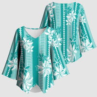 Hawaii Kakau Tribal Kimono Sleeve Blouse With Teal Tiare
