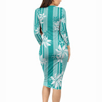 Hawaii Kakau Tribal Long Sleeve Bodycon Dress With Teal Tiare LT05 - Polynesian Pride