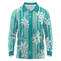 Hawaii Kakau Tribal Long Sleeve Polo Shirt With Teal Tiare