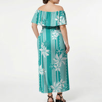 Hawaii Kakau Tribal Off Shoulder Maxi Dress With Teal Tiare LT05 - Polynesian Pride