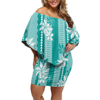 Hawaii Kakau Tribal Off Shoulder Short Dress With Teal Tiare