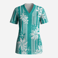 Hawaii Kakau Tribal Scrub Top With Teal Tiare
