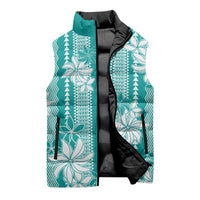 Hawaii Kakau Tribal Sleeveless Puffer Jacket With Teal Tiare