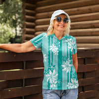 Hawaii Kakau Tribal Women Polo Shirt With Teal Tiare