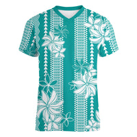 Hawaii Kakau Tribal Women V-Neck T-Shirt With Teal Tiare