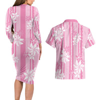 Hawaii Kakau Tribal Couples Matching Long Sleeve Bodycon Dress and Hawaiian Shirt With Pink Tiare
