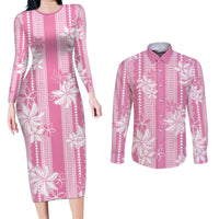 Hawaii Kakau Tribal Couples Matching Long Sleeve Bodycon Dress and Long Sleeve Button Shirt With Pink Tiare
