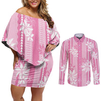 Hawaii Kakau Tribal Couples Matching Off Shoulder Short Dress and Long Sleeve Button Shirt With Pink Tiare