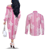 Hawaii Kakau Tribal Couples Matching Off The Shoulder Long Sleeve Dress and Long Sleeve Button Shirt With Pink Tiare
