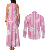 Hawaii Kakau Tribal Couples Matching Tank Maxi Dress and Long Sleeve Button Shirt With Pink Tiare