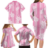 Hawaii Kakau Tribal Family Matching Long Sleeve Bodycon Dress and Hawaiian Shirt With Pink Tiare