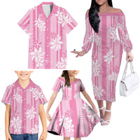 Hawaii Kakau Tribal Family Matching Off The Shoulder Long Sleeve Dress and Hawaiian Shirt With Pink Tiare