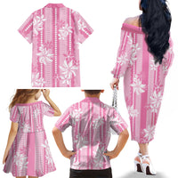 Hawaii Kakau Tribal Family Matching Off The Shoulder Long Sleeve Dress and Hawaiian Shirt With Pink Tiare