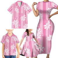 Hawaii Kakau Tribal Family Matching Short Sleeve Bodycon Dress and Hawaiian Shirt With Pink Tiare