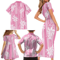 Hawaii Kakau Tribal Family Matching Short Sleeve Bodycon Dress and Hawaiian Shirt With Pink Tiare