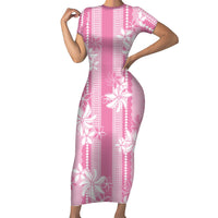 Hawaii Kakau Tribal Family Matching Short Sleeve Bodycon Dress and Hawaiian Shirt With Pink Tiare