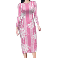 Hawaii Kakau Tribal Long Sleeve Bodycon Dress With Pink Tiare