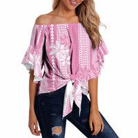 Hawaii Kakau Tribal Off Shoulder Wrap Waist Top With Pink Tiare LT05 - Polynesian Pride