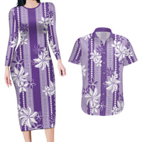 Hawaii Kakau Tribal Couples Matching Long Sleeve Bodycon Dress and Hawaiian Shirt With Purple Tiare